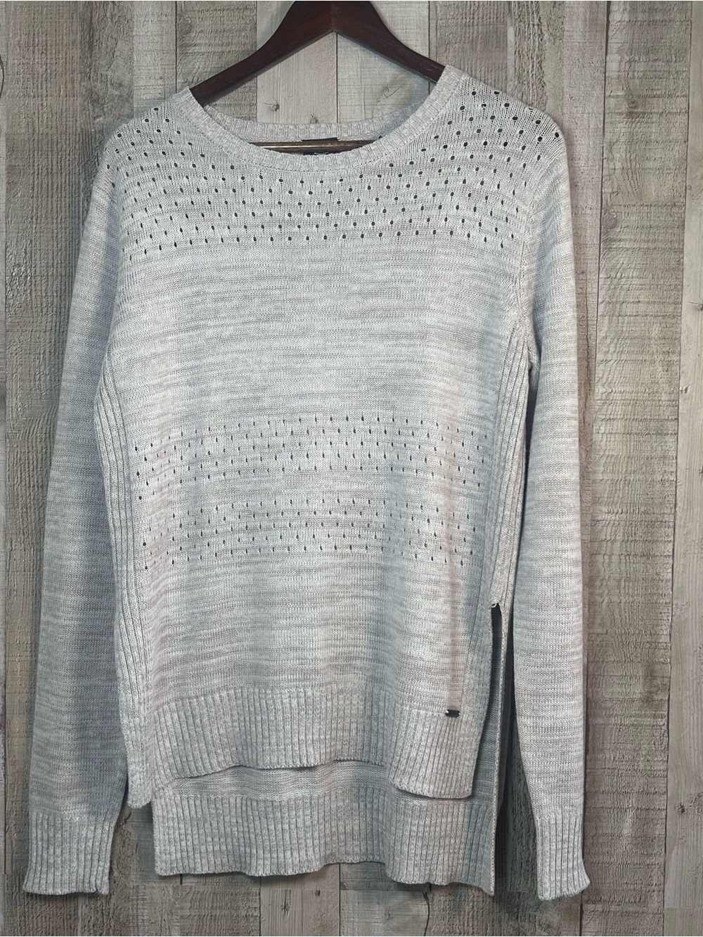 Firefly Medium Heather Grey Pointelle Knit Sweater High Low Side Slit Cozy